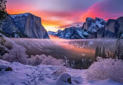 Breathtaking Yosemite Dawn: Winter's Fiery Embrace
