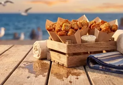 Golden Fried Chicken Sunset Feast by the Serene Sea