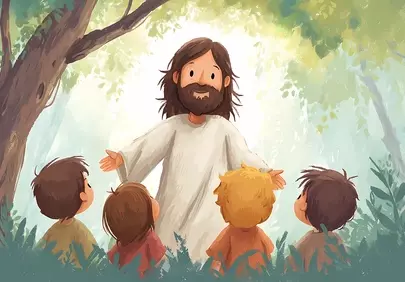 Divine Encounter: Jesus and Children in a Serene Forest