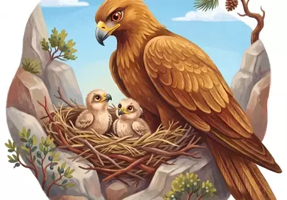 Majestic Golden Eagle Safeguarding Its Chicks in a Cliffside Nest