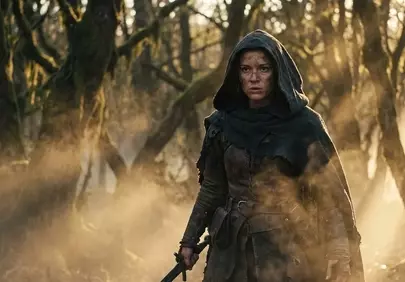 Enigmatic Female Warrior in Mist-Shrouded Fantasy Forest