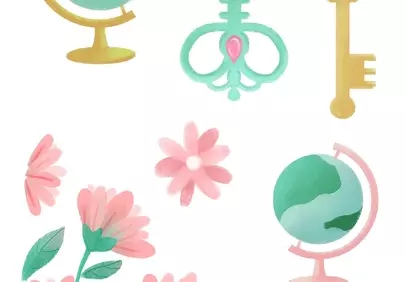 Charming Pastel Illustrations: Globals, Keys, and Blooming Flowers