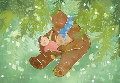 Enchanting Forest Embrace: Bear Cradles Newborn with Tender Love