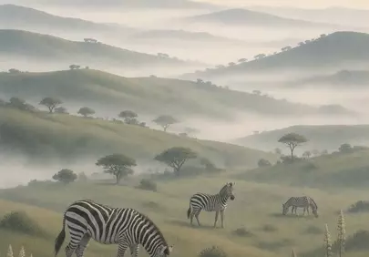 Serene African Savannah: Zebras Grazing in Misted Hills