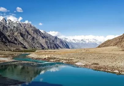 Breathtaking Karakoram: Turquoise River Meanders Through Majestic Peaks