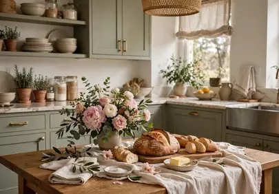 Rustic Charm: Fresh Bread & Blooms in a Cozy Kitchen