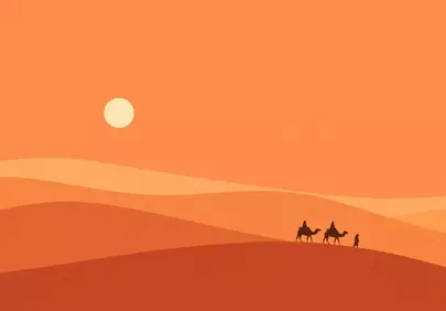 Minimalist Desert Sunset: Camel Caravan Journey