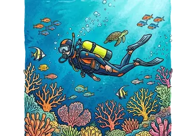 Vibrant Underwater Adventure: Diver Explores Coral Reef Life