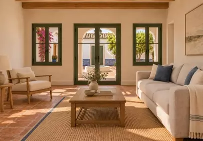 Mediterranean Dream: Sunlit Living Room with Courtyard Views