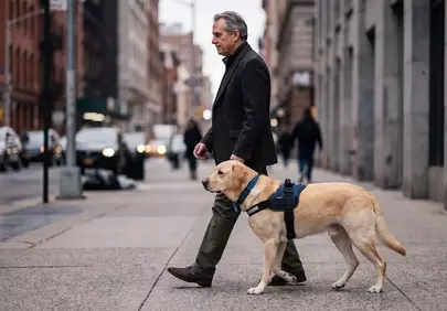 Urban Companionship: Man and Guide Dog Navigate City Streets