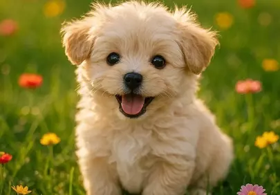 Adorable Fluffy Puppy Grinning in a Vibrant Flower Meadow