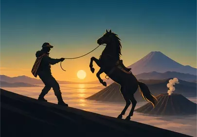 Epic Volcanic Sunrise: Horse and Rider Against the Dawn
