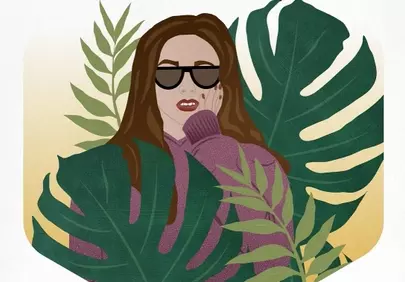 Vibrant Boho Girl Amidst Lush Monstera Leaves Illustration
