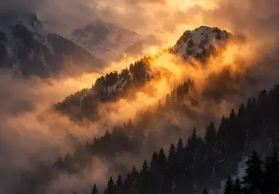 Dramatic Winter Sunset: Golden Light Over Misty Mountain Peaks