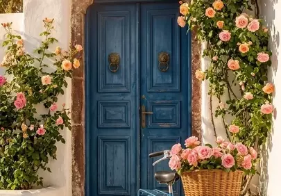 Charming Greek Oasis: Vintage Bicycle & Blooming Roses