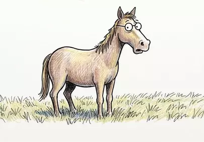 Humorous Cartoon Horse with Glasses in Minimalist Pasture