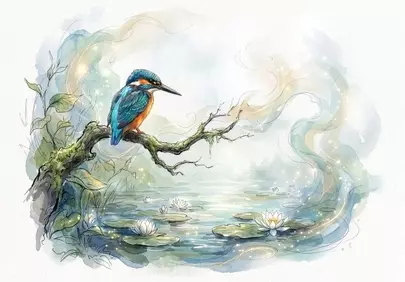 Enchanting Watercolor Kingfisher Perched by a Magical Pond