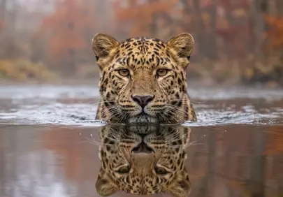 Majestic Leopard Emerges: Serene Autumn Swim Reflection