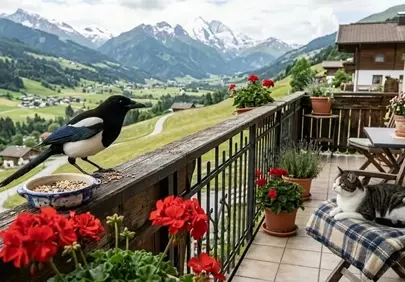 Mountain Balcony Bliss: Magpie, Cat, and Alpine Serenity