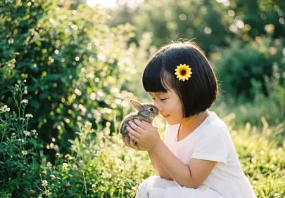 Enchanting Childhood: Girl, Rabbit & Golden Summer Sunlight
