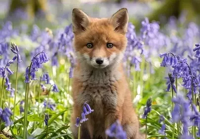 Enchanting Bluebell Forest: Adorable Fox Cub in Spring Bloom