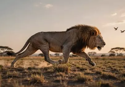 Majestic Lion Running at Sunset in the Savanna