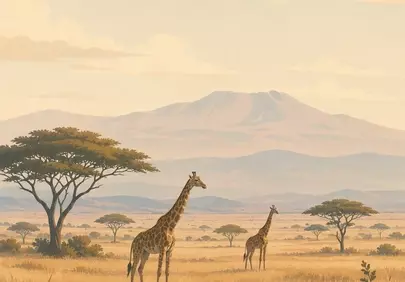 Serene African Savanna: Giraffes Roam Kilimanjaro's Shadow