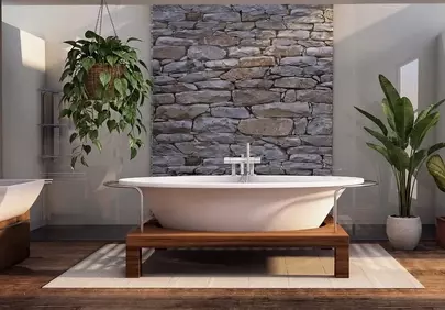 Serene Stone & Wood Spa Bathroom: Nature's Embrace