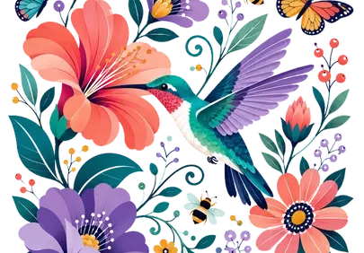 Vibrant Hummingbird and Floral Symphony on Black