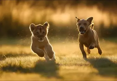 Heartwarming Sunset Chase: Lion Cub & Dog's Playful Friendship