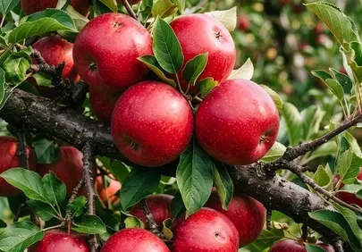 Vibrant Orchard Harvest: Fresh Red Apples on the Branch