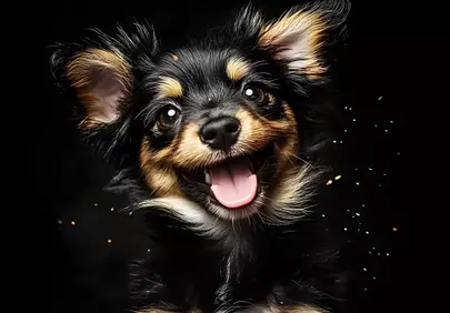 Joyful Puppy Portrait: Pure Happiness in Darkness