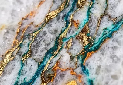 Stunning Abstract Marble: Gold and Teal Veins in White Stone