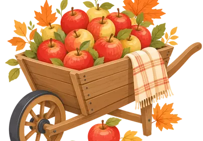 Vibrant Autumn Harvest: Rustic Wheelbarrow of Ripe Apples