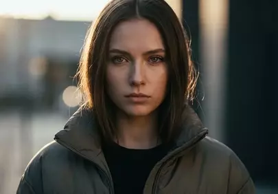 Enigmatic Sunset Portrait: Urban Woman's Captivating Gaze