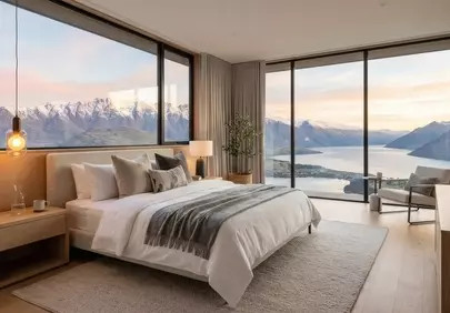 Luxury Mountain View Bedroom with Panoramic Lake Vistas