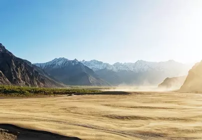 Majestic Karakoram Peaks Embrace Arid Desert Valley