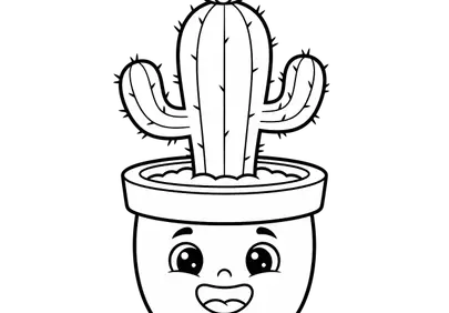 Cute Happy Cactus in Pot Line Art Illustration