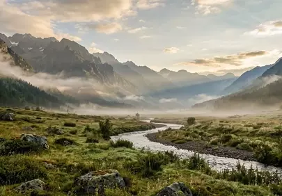Breathtaking Alpine Sunrise: Misty Valley & Winding River