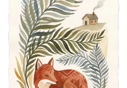 Rustic Watercolor Dream: Fox, Cabin, and Nature's Embrace