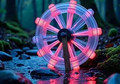 Enchanting Luminous Water Wheel in a Mystical Forest Stream