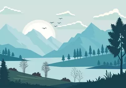 Serene Mountain Lake Panorama: Flat Design Nature Landscape