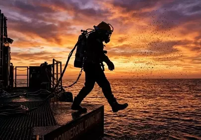 Dramatic Sunset Silhouette: Commercial Diver's Hazardous Plunge