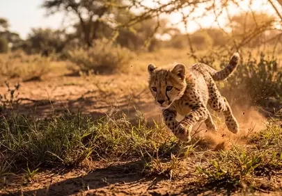 Blazing Speed: Cheetah Cub's Sunset Sprint in the Savanna
