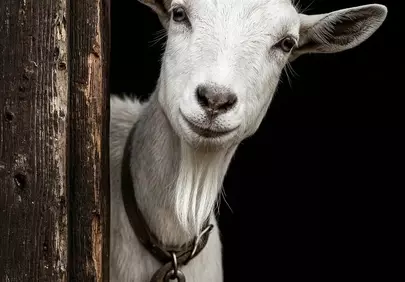 Charming Curiosity: Friendly White Goat Peeks from Behind Post