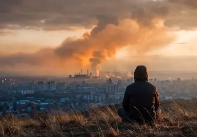 Solitude's Embrace: Man Gazing at City Sunset & Industrial Haze