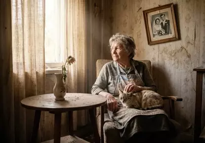 Heartwarming Gaze: Elderly Woman and Cat in Sunlight