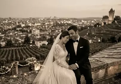 Timeless Romance: Couple's Intimate Sunset Wedding Portrait