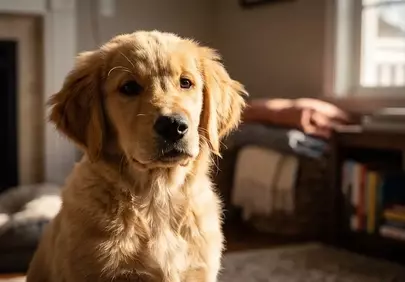 Adorable Golden Retriever Puppy Soaking Up Sunbeams Indoors