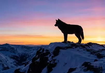 Majestic Wolf Silhouette at Sunset: Winter Mountain Wilderness